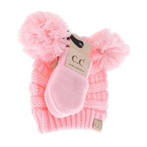 BABY Solid Knit Double Pom C.C Beanie with Mitten SET
