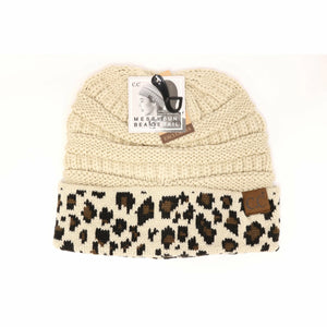 Matching Cuff Leopard Print Ponty Tail CC Beanie