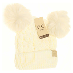 KIDS Cable Knit Double Matching Pom Beanie